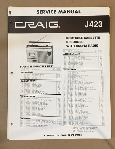 Craig Model J423 Radio Cassette Service Manual *Original*