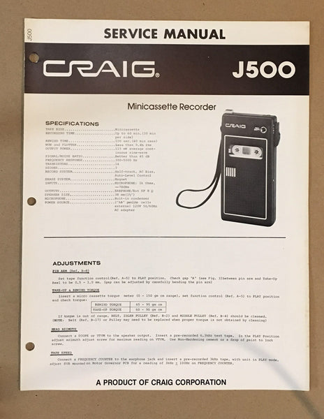 Craig Model J500 Micro Cassette Service Manual *Original*