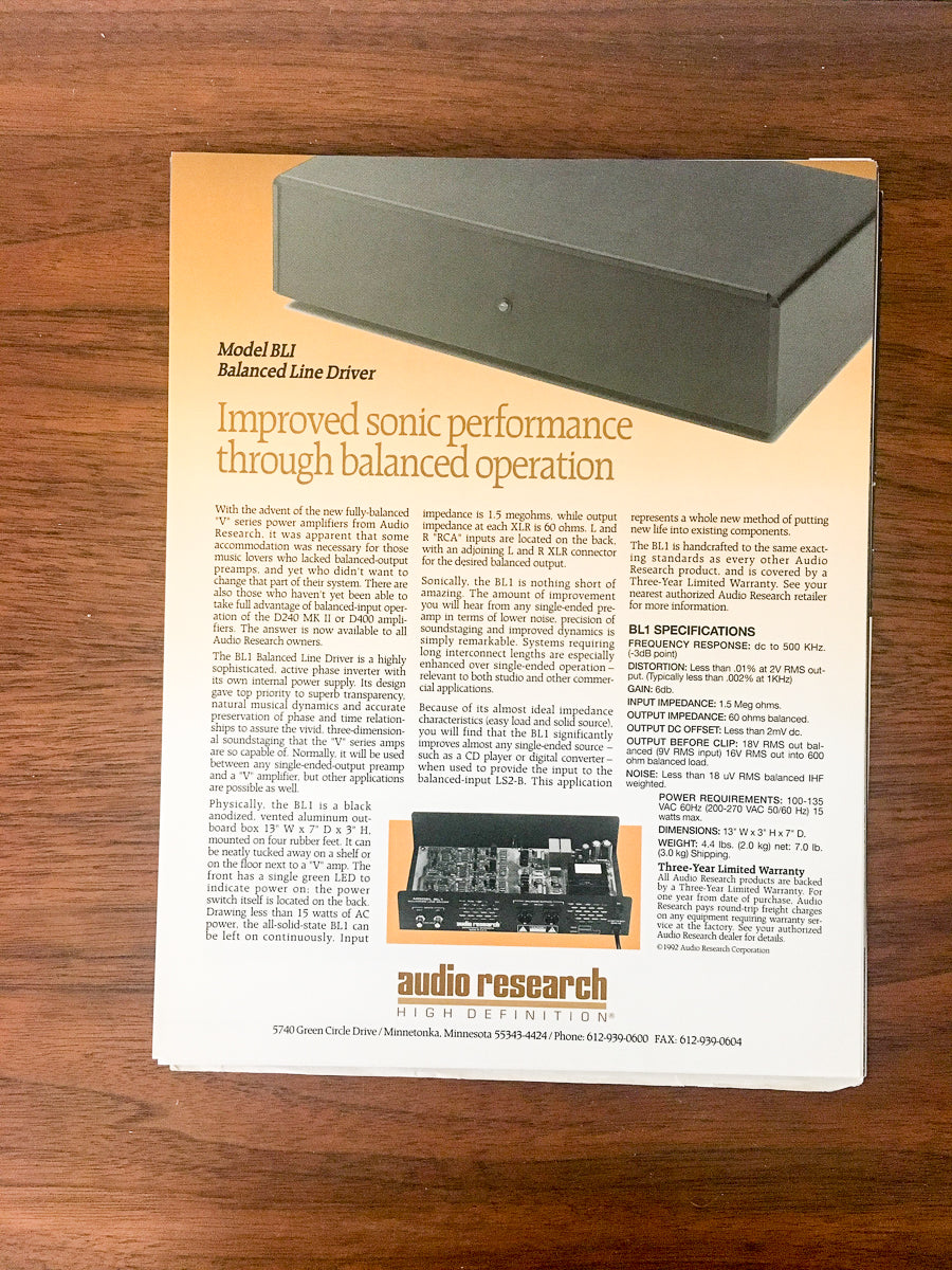 Audio Research BL1 / BL-1 Line Driver Dealer Sales Sheet / Specs *Orig*