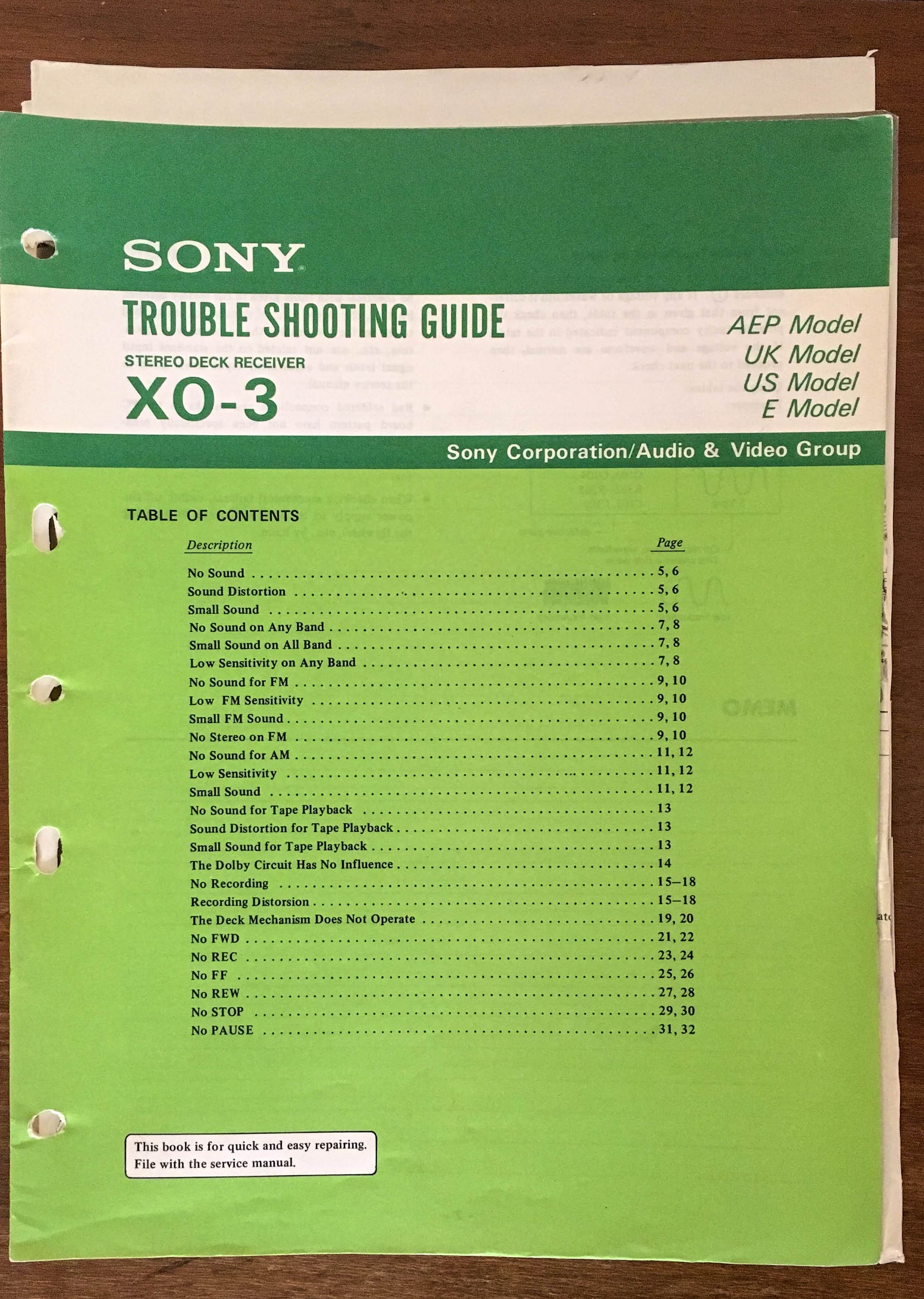 Sony XO3 Receiver Troubleshooting Manual *Original* Vintage Audio Store Vintage Service