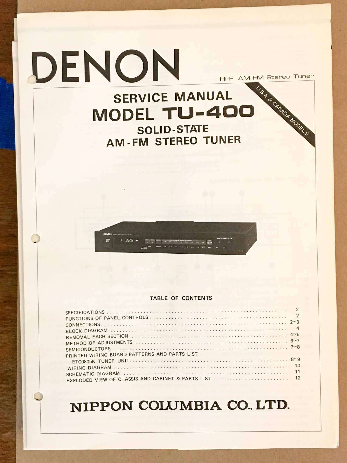 Denon TU-400 Tuner  Service Manual *Original*