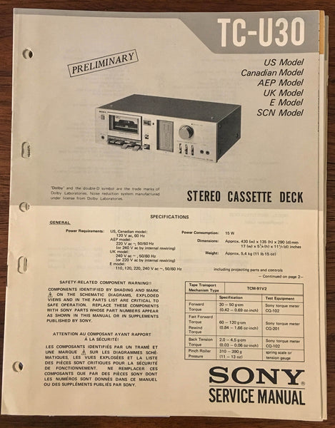 Sony TC-U30 CASSETTE Preliminary Service Manual *Original*