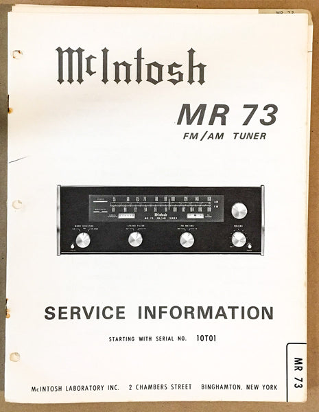 McIntosh MR-73 Tuner Service Manual *Original*