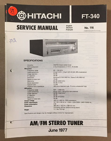 Hitachi FT-340 Tuner  Service Manual *Original*