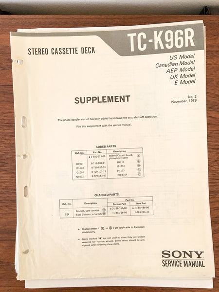 Sony TC-K96R Cassette Service Manual SUPPLEMENT 2*Original*