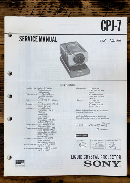 Sony CPJ-7 LCD Projector  Service Manual *Original*