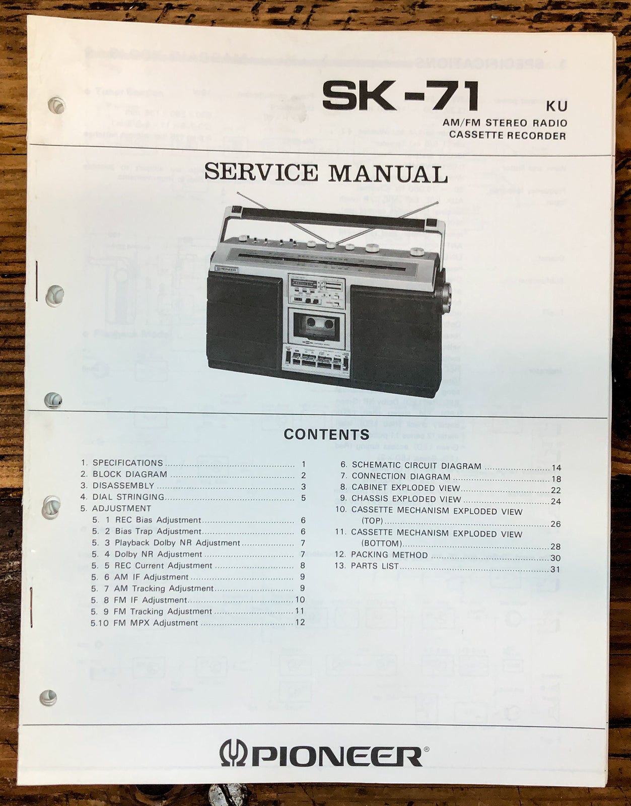 Pioneer SK-71 Radio  Service Manual *Original*