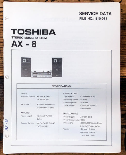 Toshiba AX-8 Stereo Service Manual *Original*