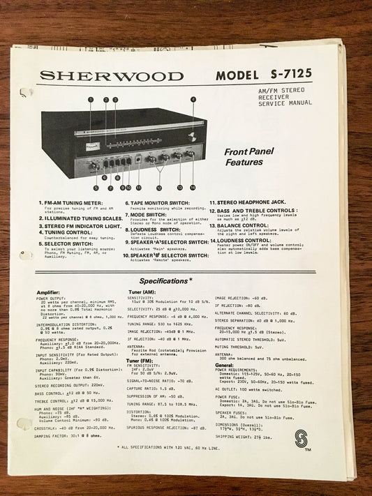 Sherwood S-7125 Receiver Service Manual *Original*