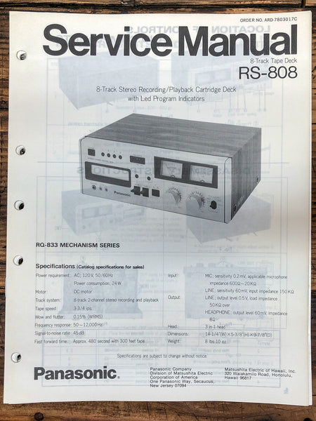 Panasonic RS-808 8 Track Tape  Service Manual *Original*