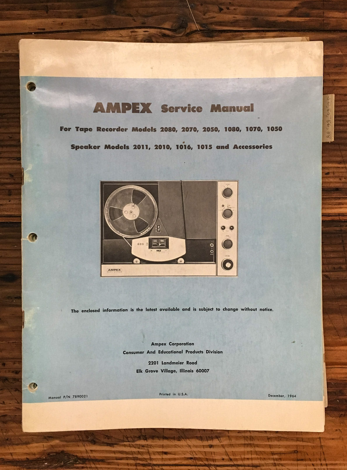 Ampex 1050 1070 1080 2050 2070 2080 Tape Recorder  Service Manual *Original*