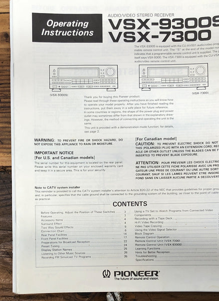 Pioneer VSX-9300S VSX-7300 Receiver  Owner / User Manual *Original*