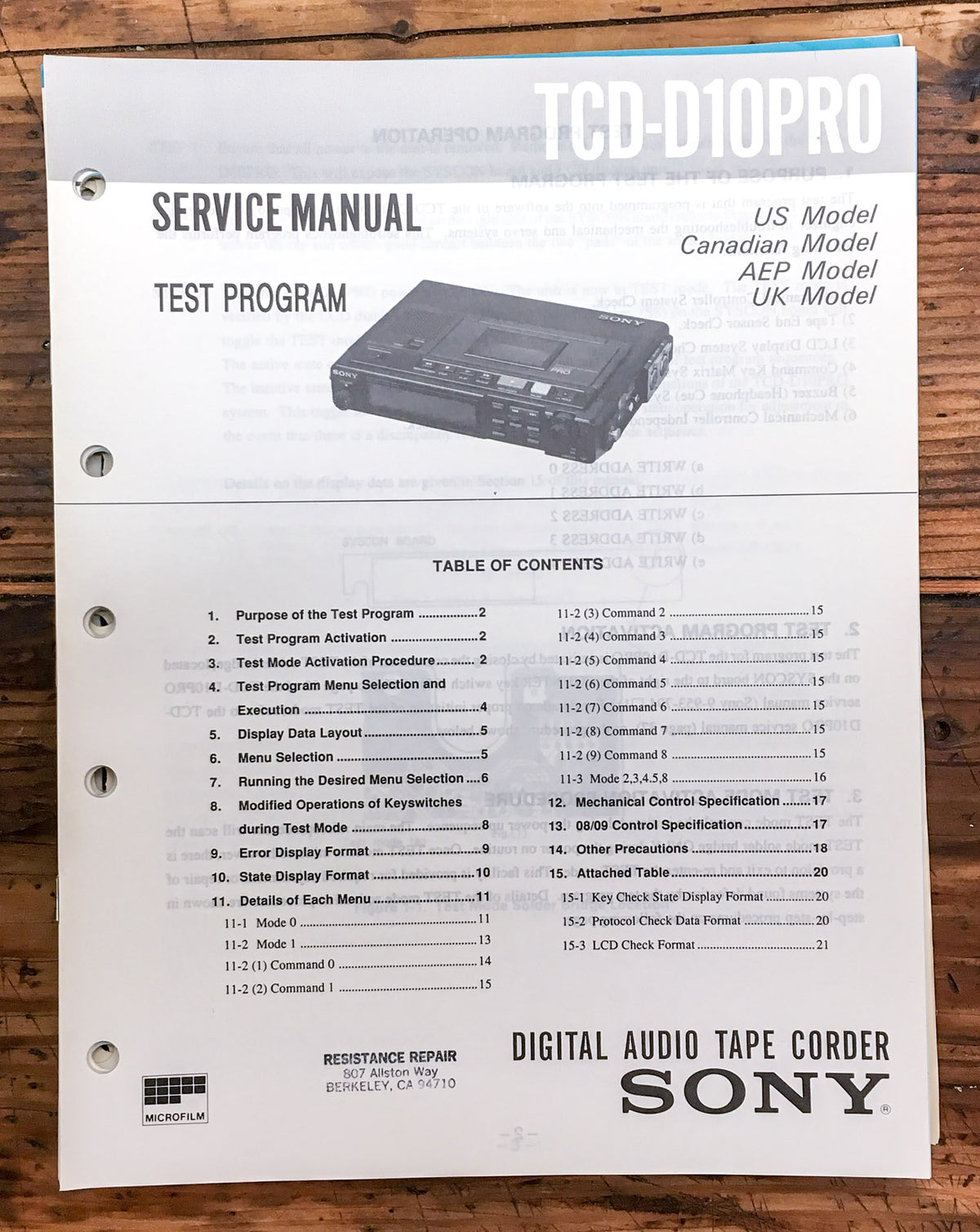 Sony TCD-D10PRO TCD-D10 Pro Cassette  Test Program' Service Manual *Original*