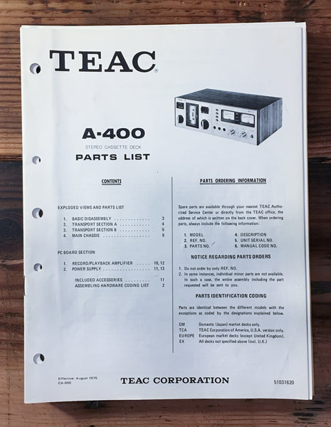 Teac A-400 Cassette Parts List Manual *Original*