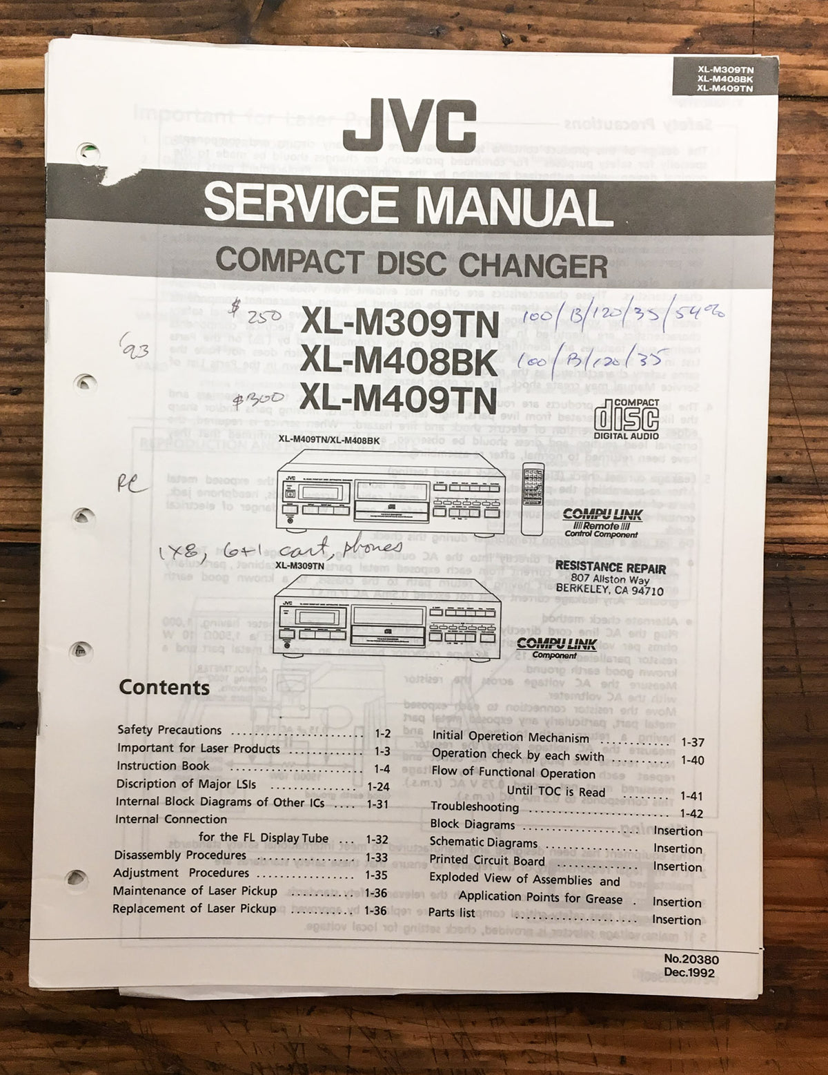 JVC XL-M309 TN -M408 -M409 CD Player  Service Manual *Original*
