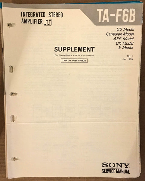 Sony TA-F6B Stereo Amplifier Service Manual Supplement *Original*