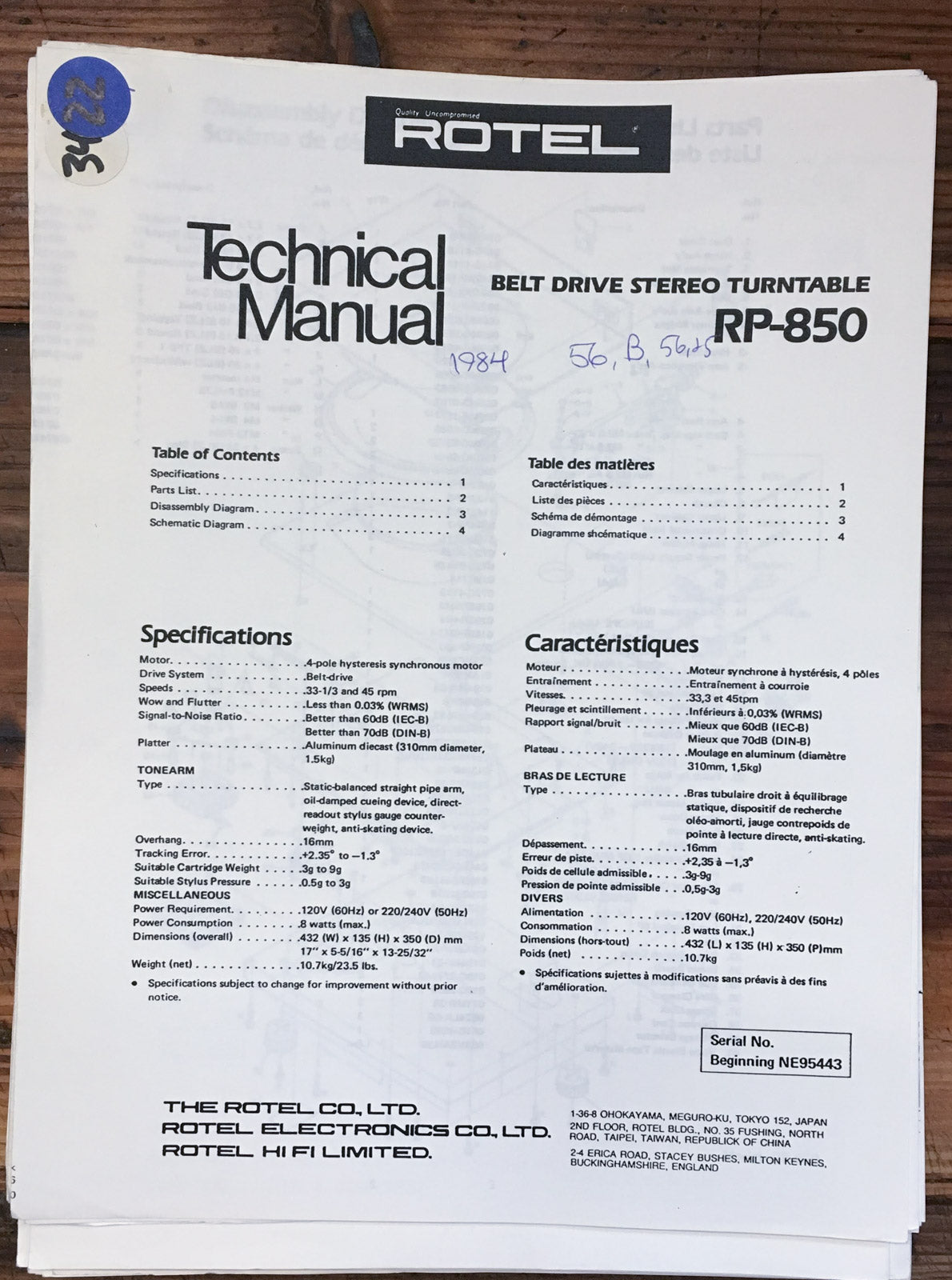 Rotel RP-850 Record Player / Turntable  Service Manual *Original*