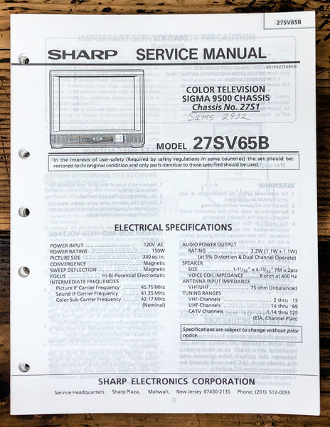 Sharp 27SV65B TV / Television Service Manual *Original*