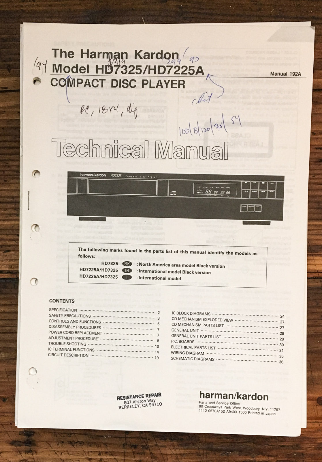 Harman Kardon 7325  HD7225A CD Player  Service Manual *Original*