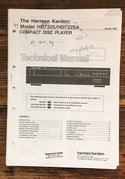 Harman Kardon 7325  HD7225A CD Player  Service Manual *Original*