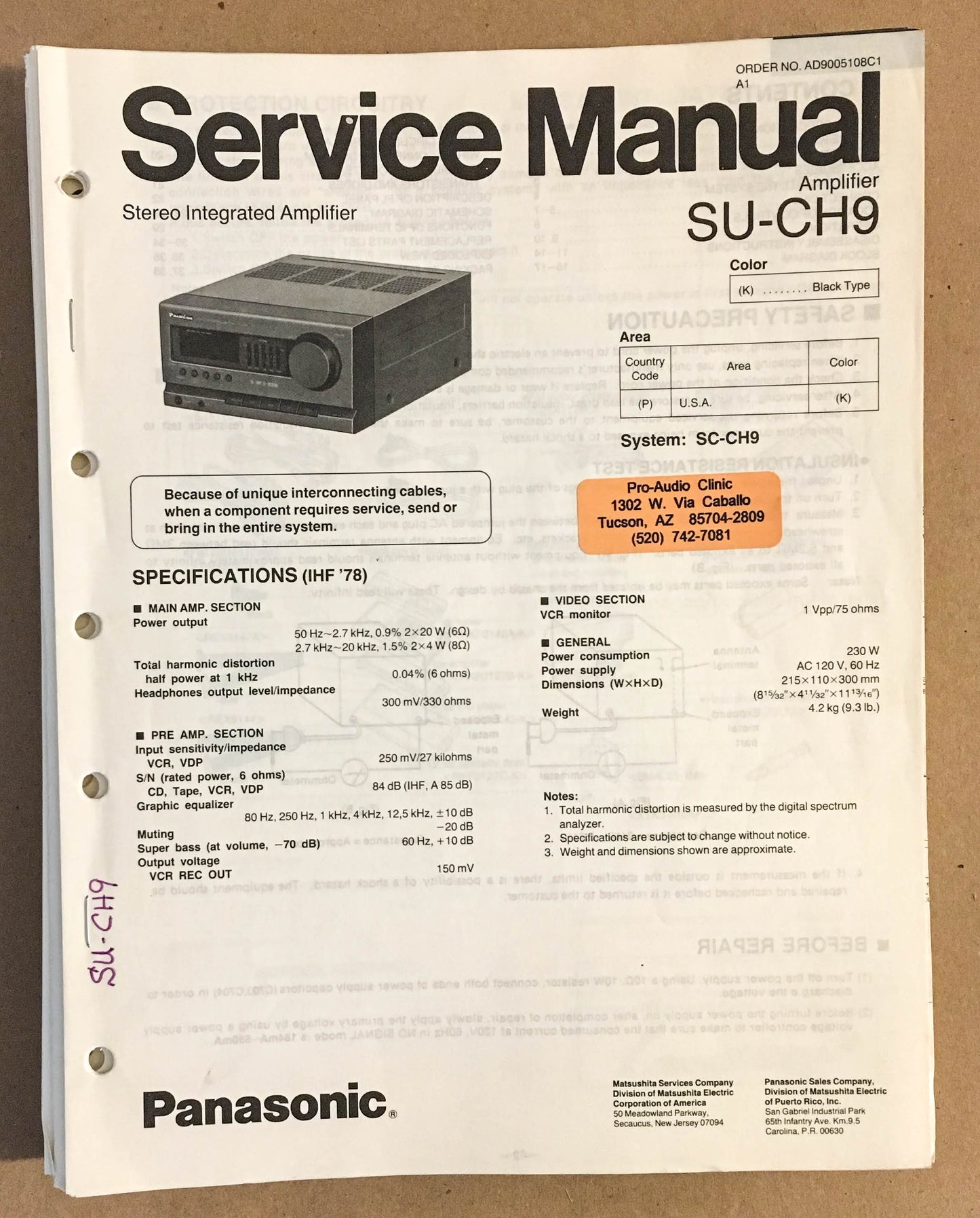 Technics / Panasonic SU-CH9 Preamp / Preamplifier  Service Manual *Original*