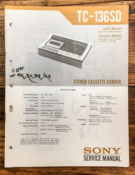 Sony TC-136SD Cassette  Service Manual *Original* #1