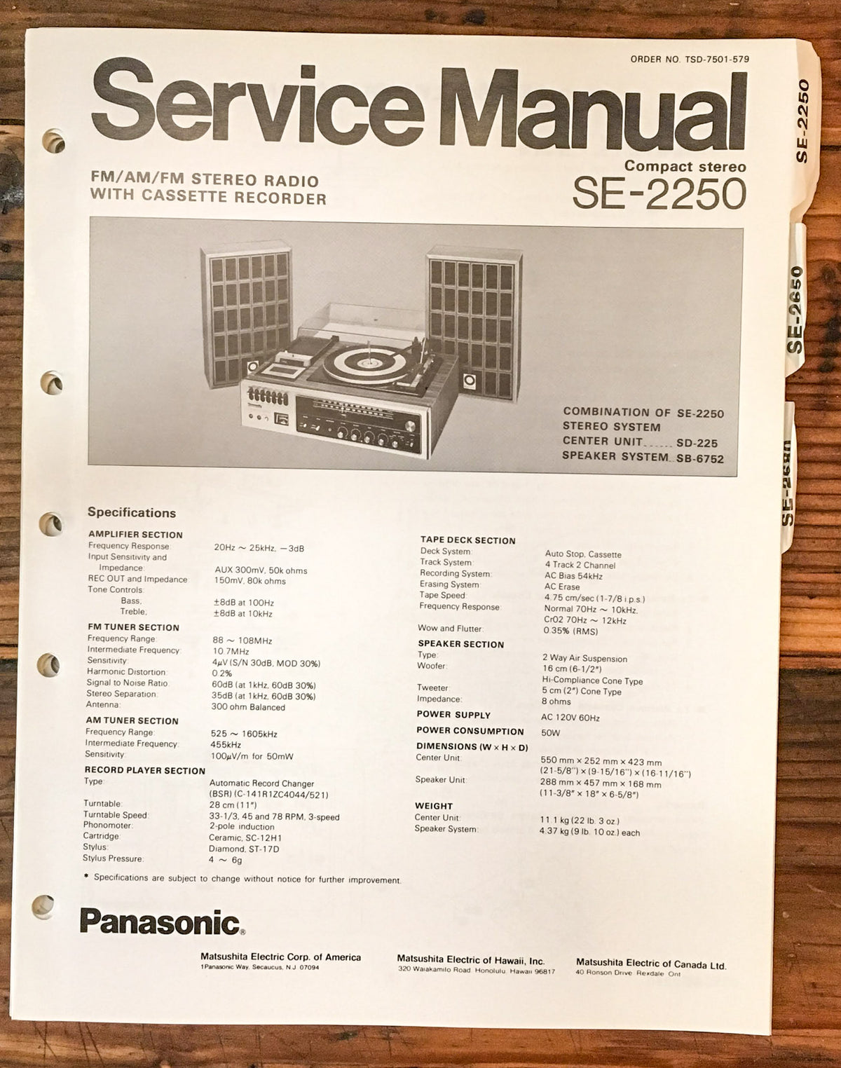 Panasonic SE-2250 Stereo  Service Manual *Original*