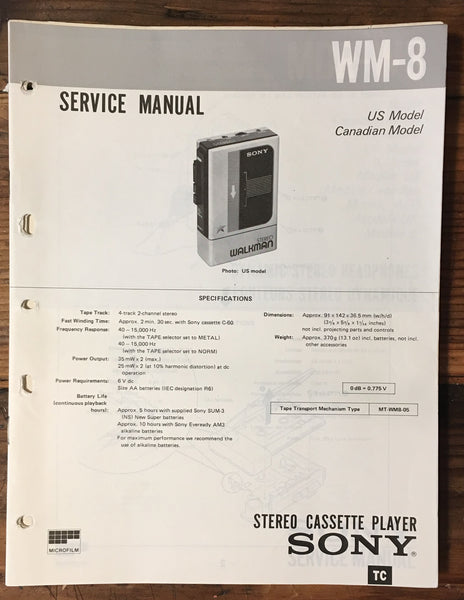 Sony WM-8 Cassette Service Manual *Original*