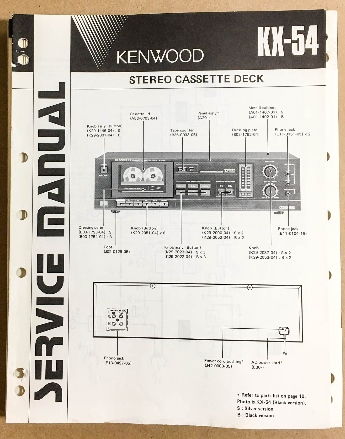 Kenwood KX-54 Cassette Tape Deck  Service Manual *Original*