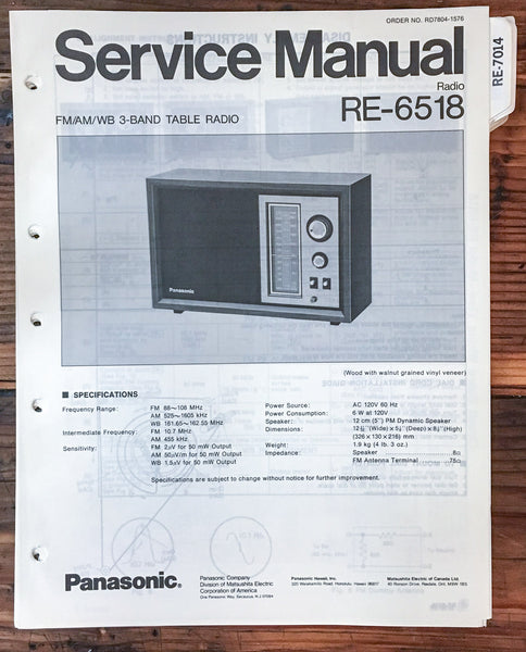 Panasonic RE-6518 Radio  Service Manual *Original*