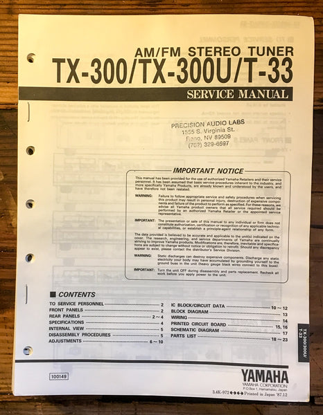 Yamaha TX-300 T-33 Tuner Service Manual *Original*