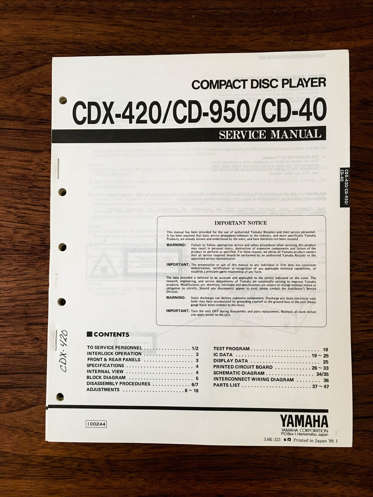 Yamaha CDX-420 CD-950 CD-40 CD PLAYER Service Manual *Original*