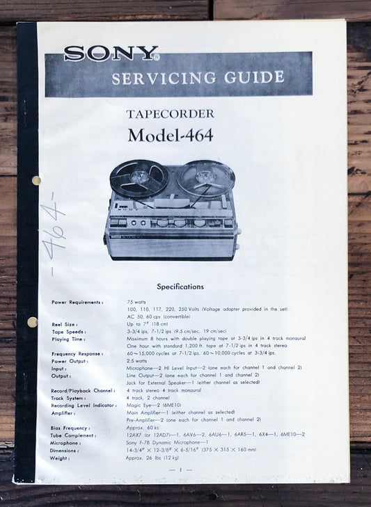 Sony Model 464 Reel to Reel  Service Manual *Original*