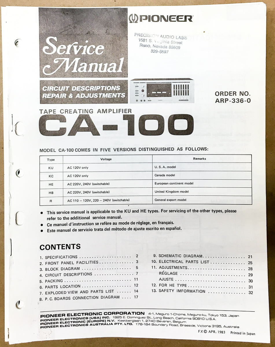 Pioneer CA-100 Amplifier  Service Manual *Original*