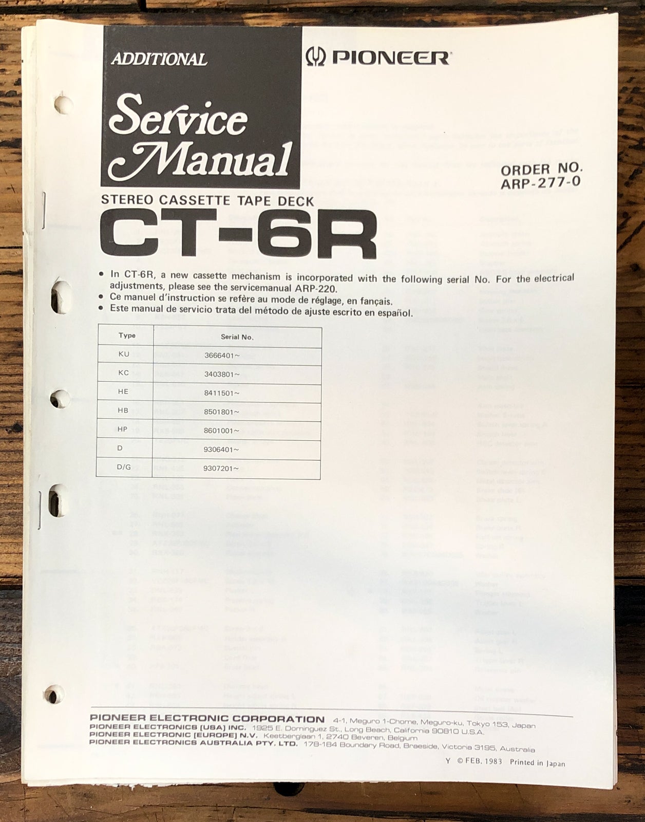 Pioneer CT-6R Cassette Add. Service Manual *Original* #2