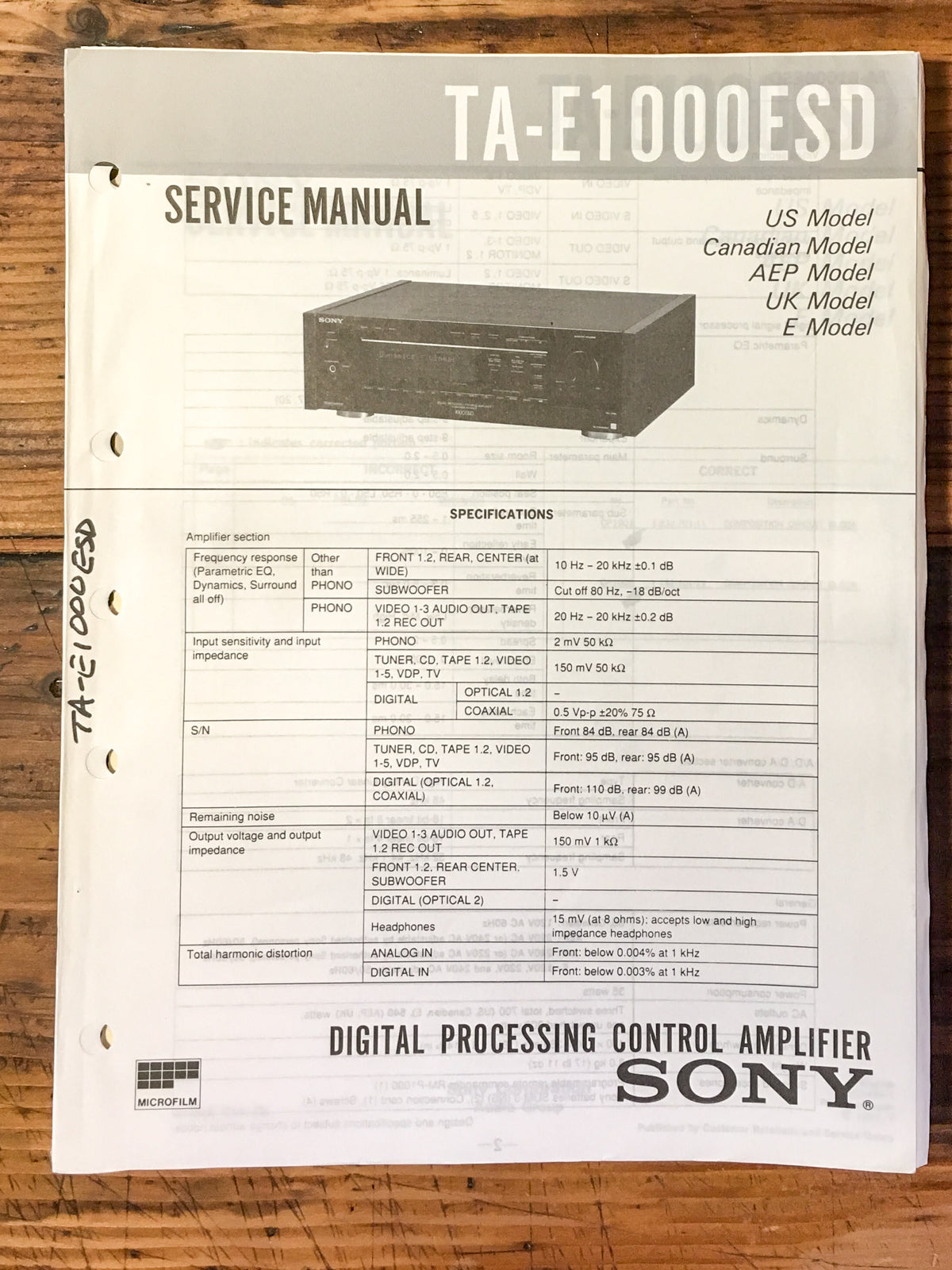 Sony TA-E1000ESD TA-E1000 ESD Preamp / Preamplifier Service Manual *Original*