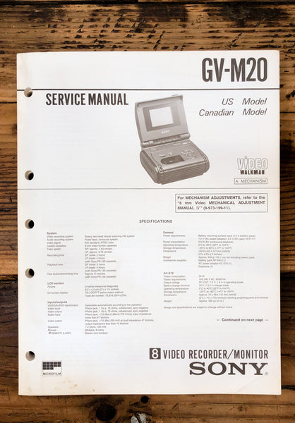 Sony GV-M20 Video 8 Cassette Player  Service Manual *Original*