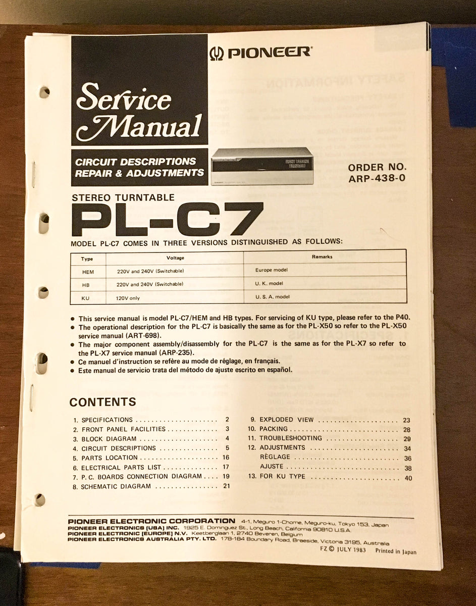 pioneer pl-7 turntable operation instructions