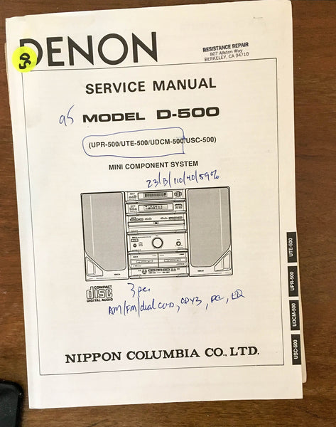 JVC D- 500 Stereo Service Manual *Original*