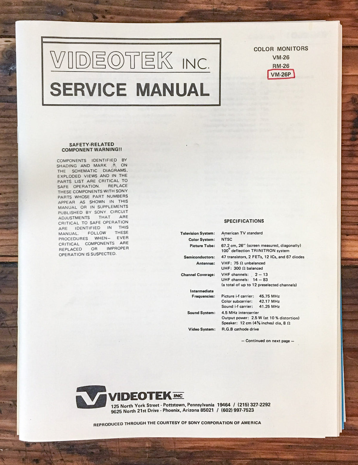 VideoTek VM-26 RM-26 VM-26P Color Monitor  Service Manual *Original*