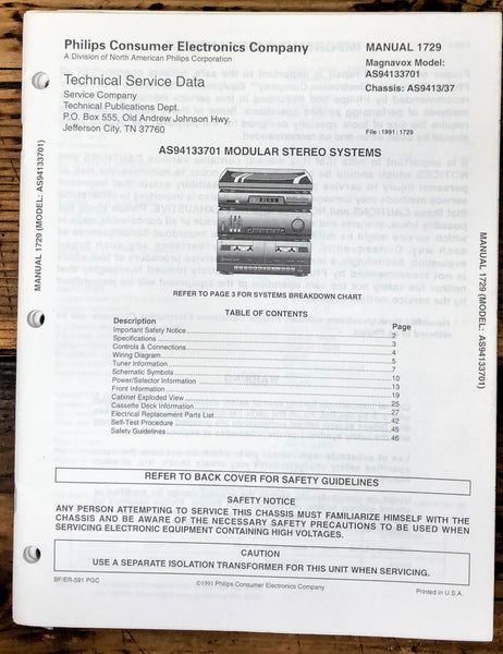 Magnavox Sylvania AS9413 3701 Stereo Service Manual *Original*