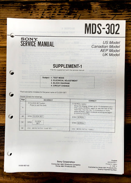 Sony MDS-302 MD MiniDisc Recorder Supp. Service Manual *Original*