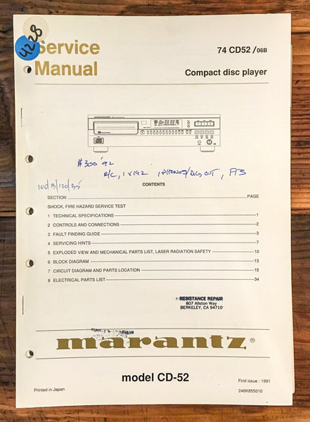 Marantz CD-52 CD Player  Service Manual *Original*