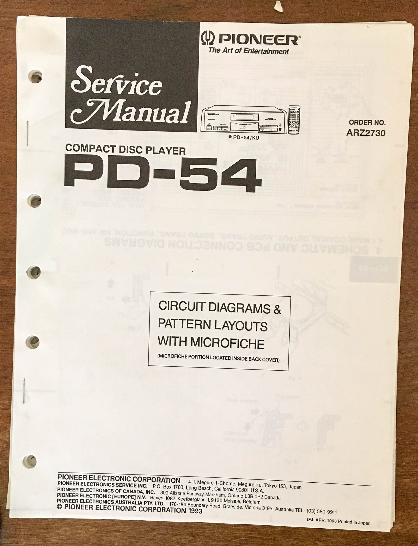 Pioneer PD-54 CD Player Service Manual Notice *Original*