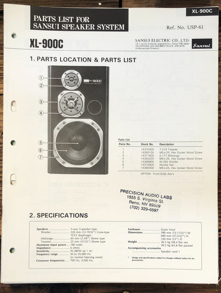 Sansui  XL-900C Speaker  Parts List Manual *Original*