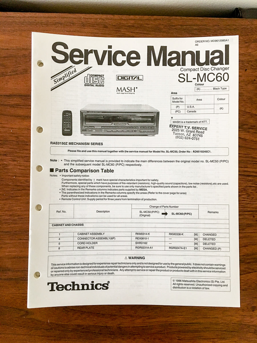 Panasonic SL-MC60 CD Player Service Manual *Original*