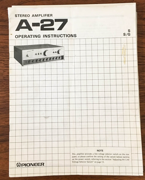 Pioneer A-27 Amplifier Owners Manual *Original*