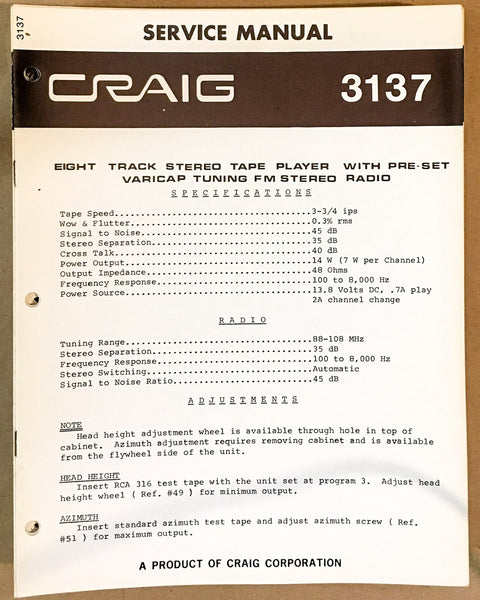 Craig Model 3137 8 Track Stereo Service Manual *Original*