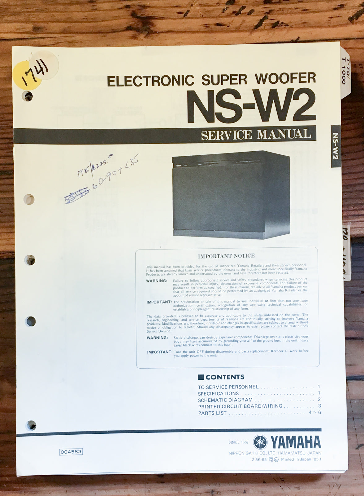 Yamaha NS-W2 Subwoofer Service Manual *Original*