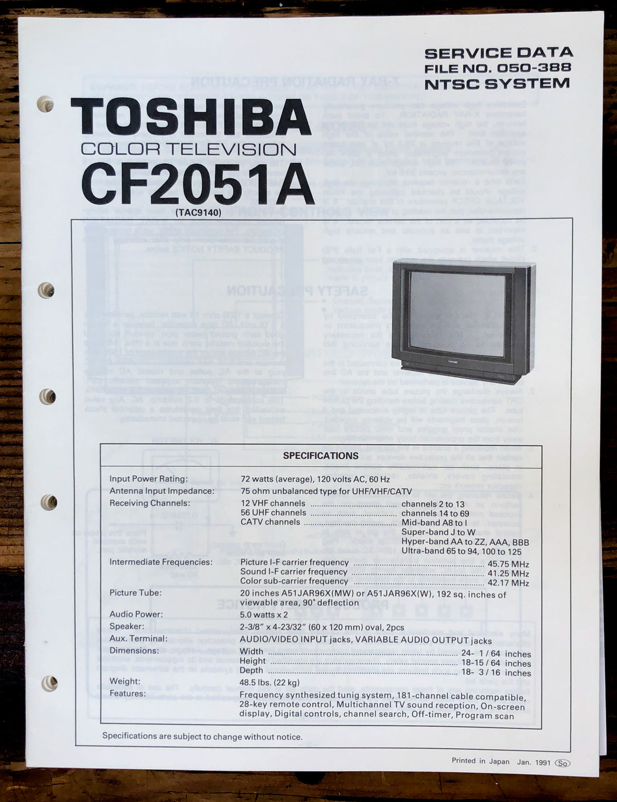 Toshiba CF2051A TV  Service Manual *Original*